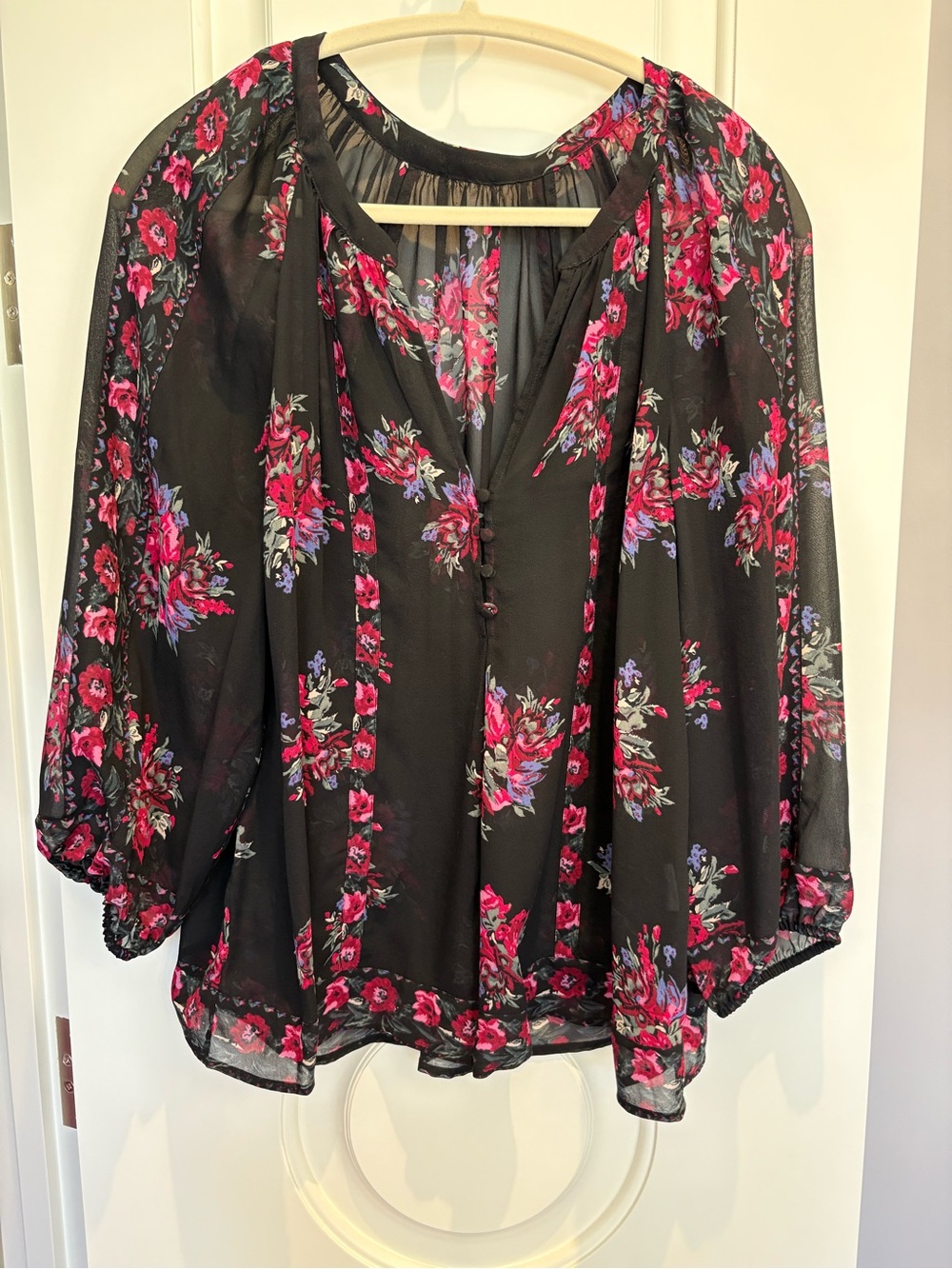 Black Floral Sheer Blouse with Pink and Purple Bouquet Print